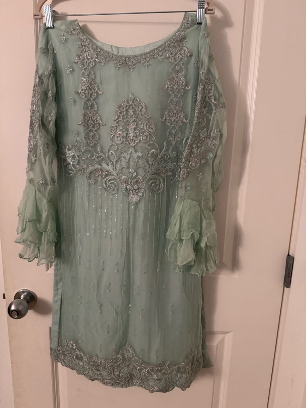 Elegant Sheer Embroidered Long Sleeve Dress - Sage Green